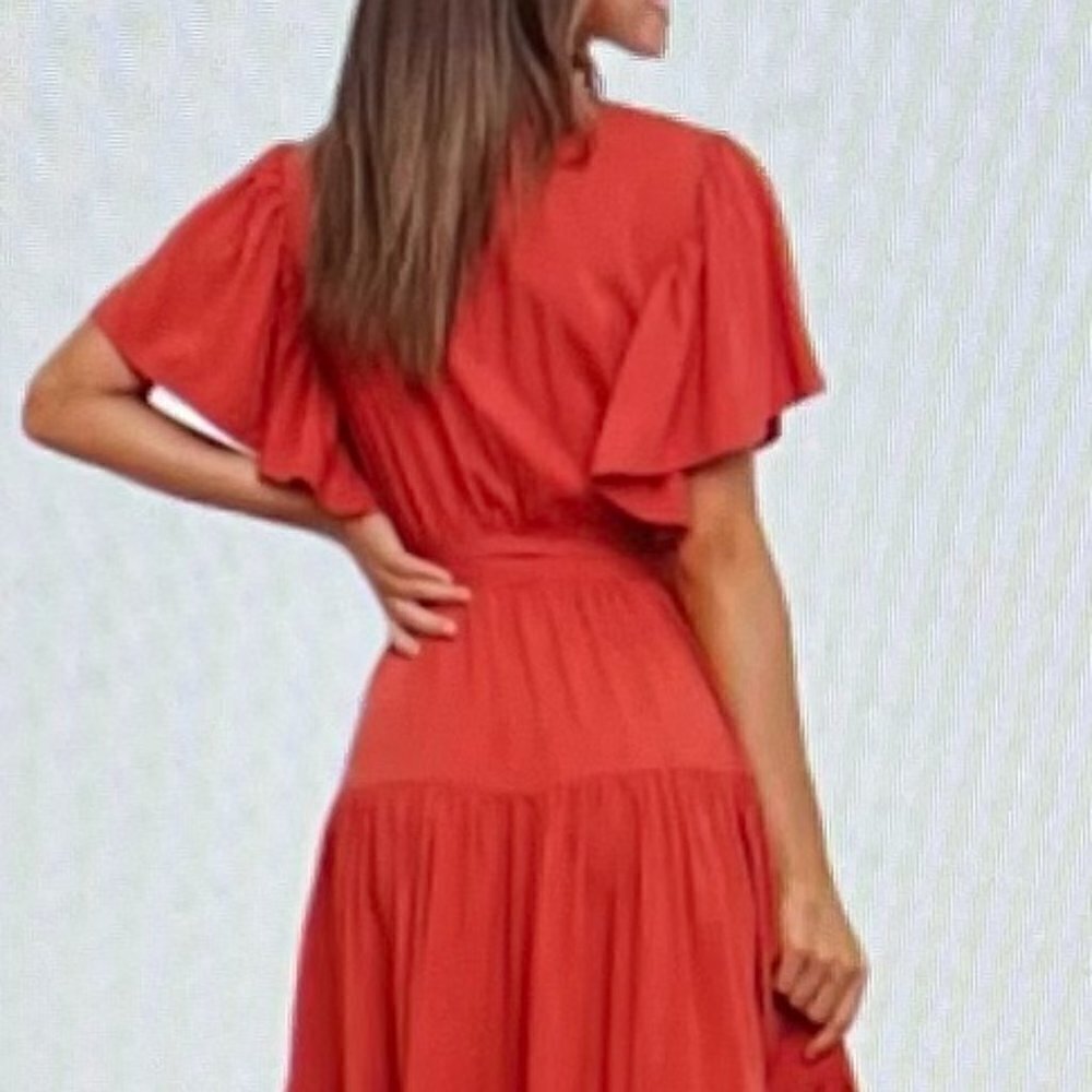 Orniya Women's Belted Surplice Flutter Sleeve Maxi Dress in Size 8 in Orange - Picture 3 of 8